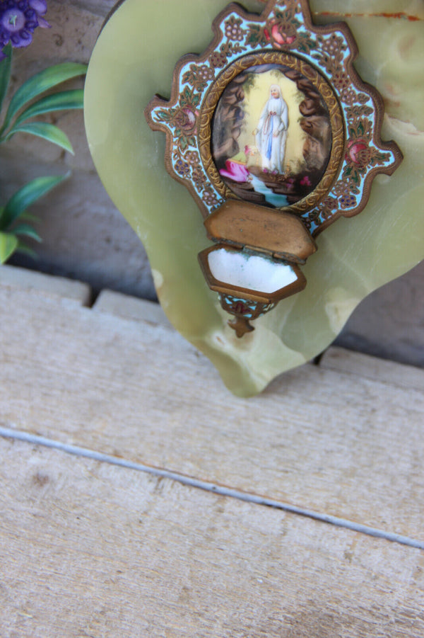 Antique onyx marble Cloisonne enamel Crucifix holy water font porcelain plaque