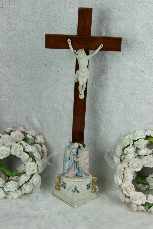 Antique Religious vieux paris porcelain Crucifix Cross christ Mary magdalena