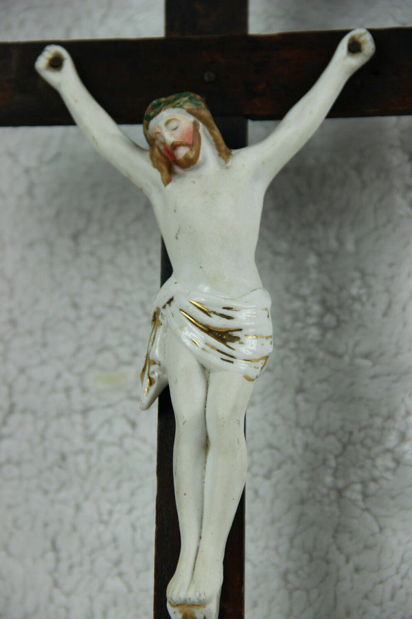 Antique Religious vieux paris porcelain Crucifix Cross christ magdalena mary