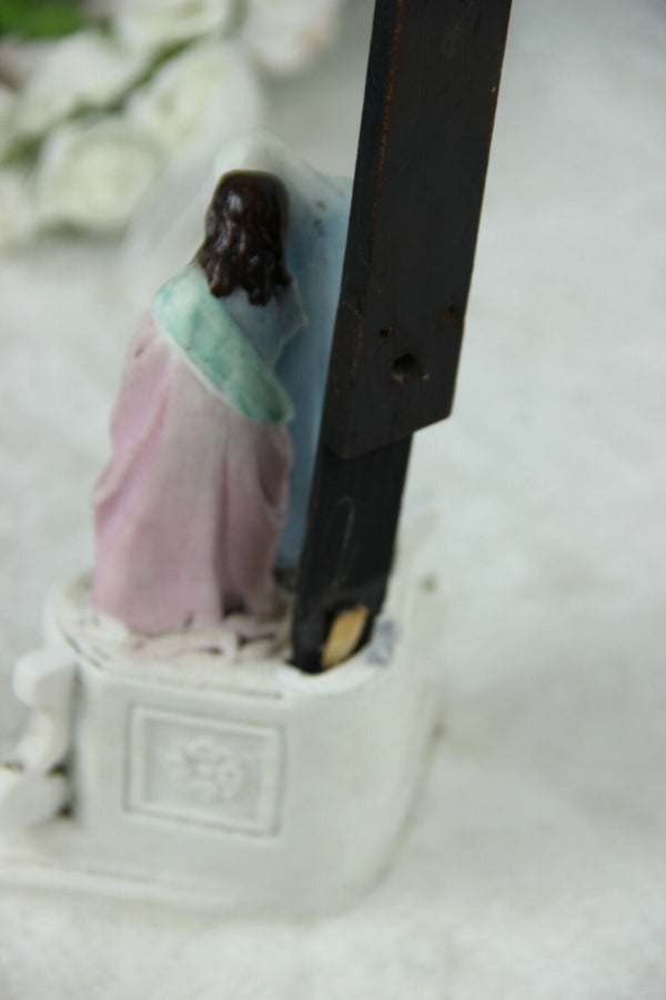 Antique Religious vieux paris porcelain Crucifix Cross christ magdalena mary