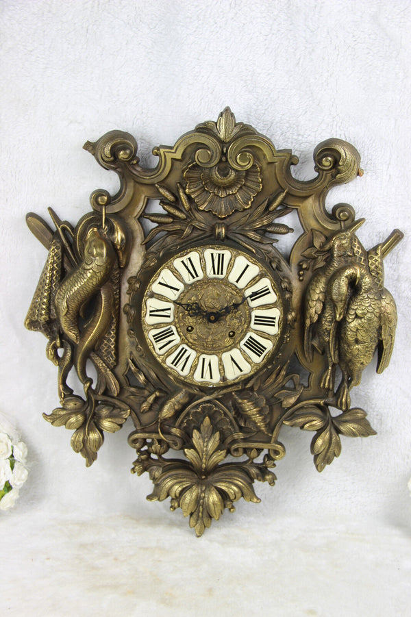Black forest metal bronze gold gilt wall clock hunting trophy hunt bird fish