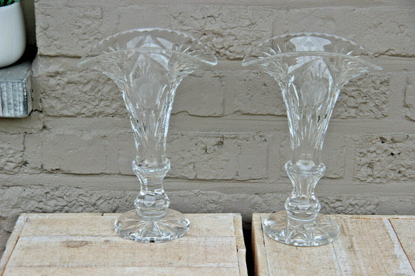 PAIR bohemian clear crystal glass vase floral decor 1960