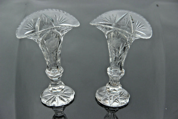 PAIR bohemian clear crystal glass vase floral decor 1960