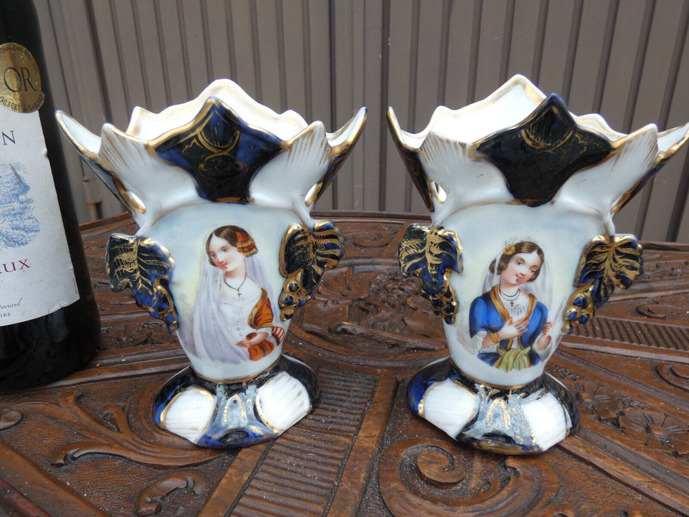 PAir antique small vieux paris porcelain portrait vases