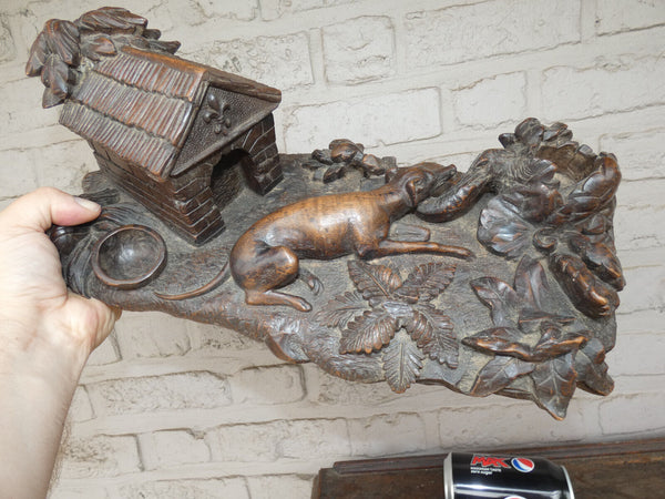 Antique large rare black forest wood carving inkwell dog house