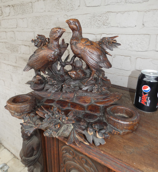 Antique large rare black forest wood carving inkwell birds