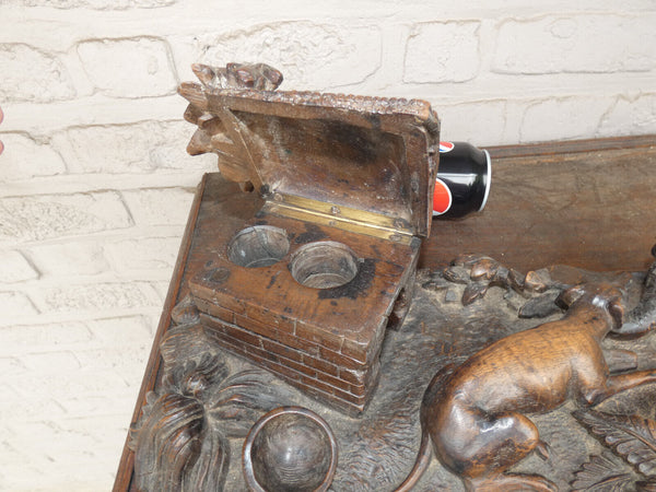 Antique large rare black forest wood carving inkwell dog house
