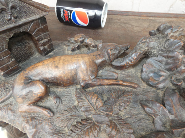 Antique large rare black forest wood carving inkwell dog house