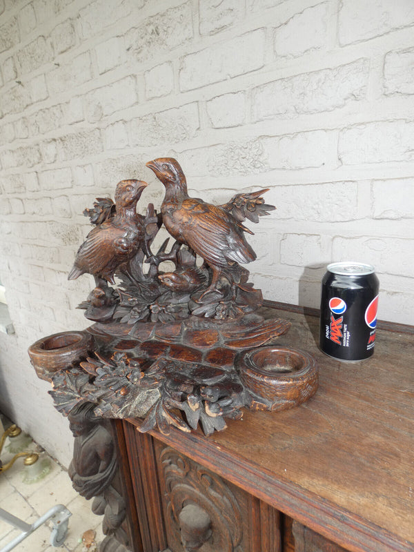 Antique large rare black forest wood carving inkwell birds