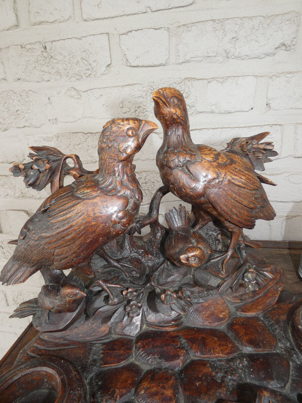 Antique large rare black forest wood carving inkwell birds