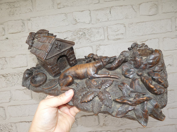 Antique large rare black forest wood carving inkwell dog house