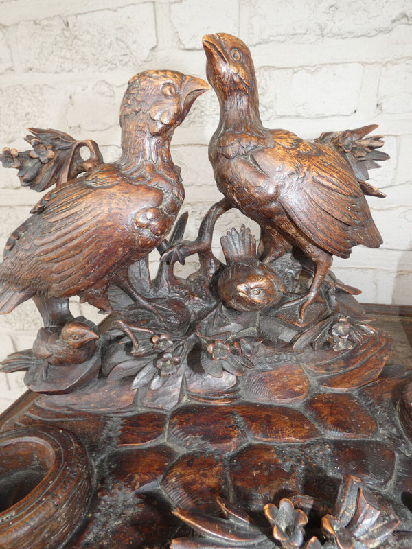 Antique large rare black forest wood carving inkwell birds