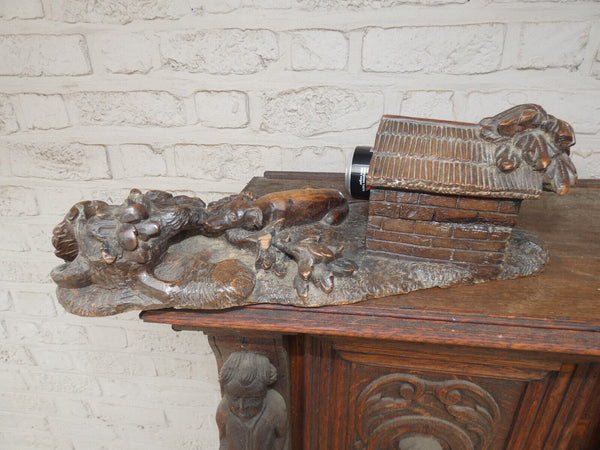 Antique large rare black forest wood carving inkwell dog house
