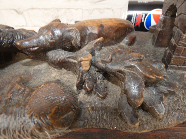Antique large rare black forest wood carving inkwell dog house