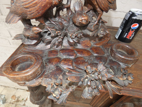 Antique large rare black forest wood carving inkwell birds