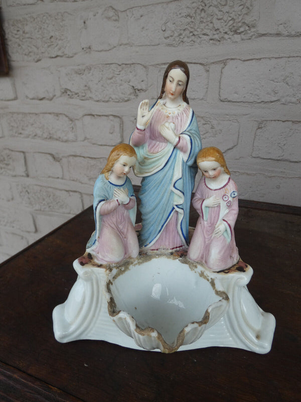 Antique french paris porcelain Holy water font Madonna angels statue
