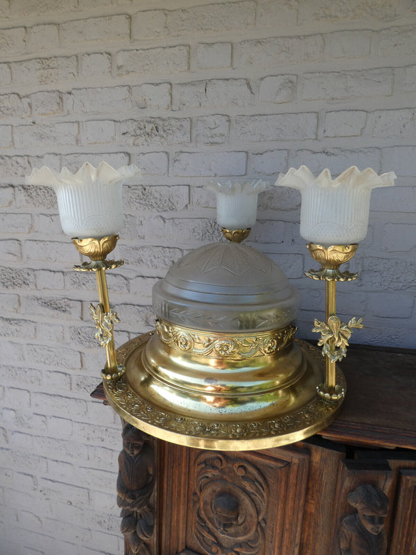 Vintage french brass Glass pendant lamp chandelier Louis XVI style