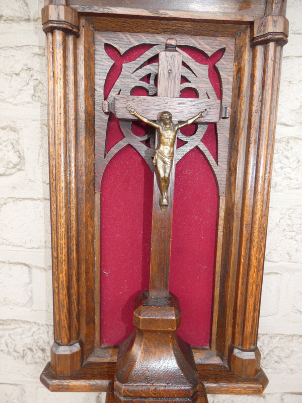 Antique Belgian Neo gothic wood carved niche chapel Religious wall crucifix