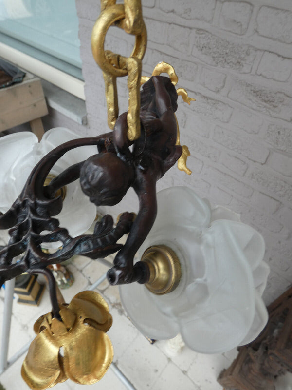 Stunning French Bronze brass putti cherub angel chandelier lamp