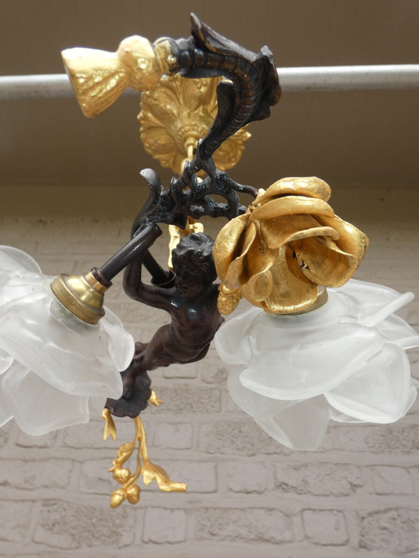 Stunning French Bronze brass putti cherub angel chandelier lamp