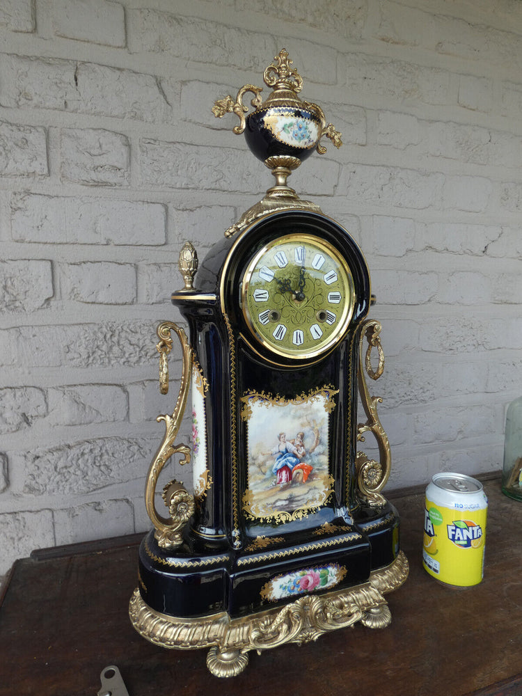 Large vintage acf sevres porcelain cobalt mantel clock FHS movement