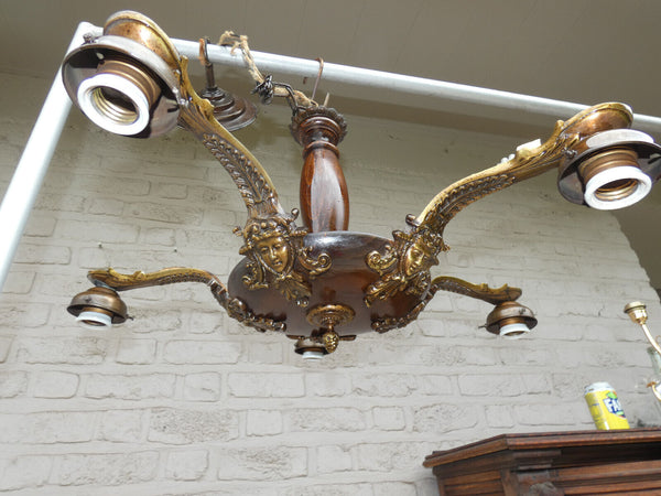 Vintage 1950s french Wood Brass Caryatid head chandelier lamp