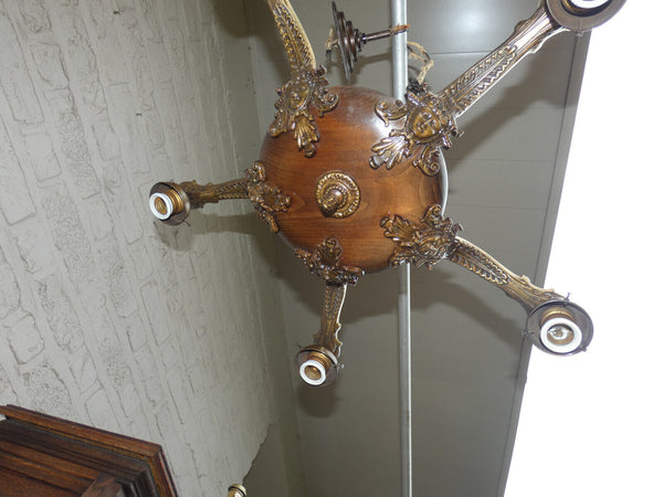 Vintage 1950s french Wood Brass Caryatid head chandelier lamp