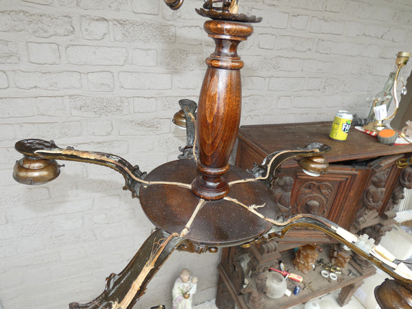 Vintage 1950s french Wood Brass Caryatid head chandelier lamp