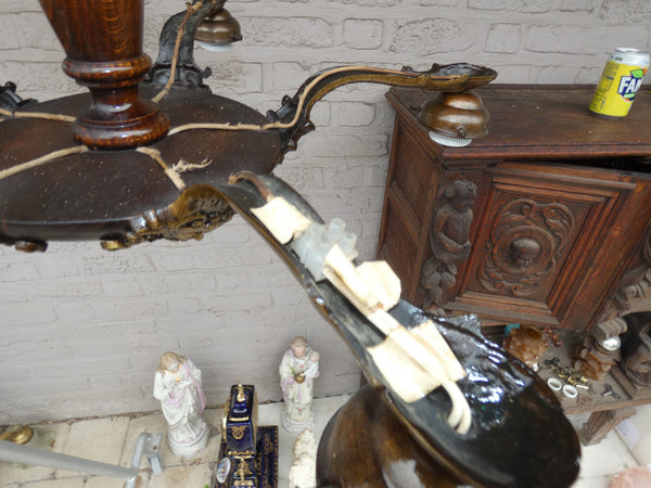 Vintage 1950s french Wood Brass Caryatid head chandelier lamp