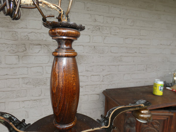 Vintage 1950s french Wood Brass Caryatid head chandelier lamp