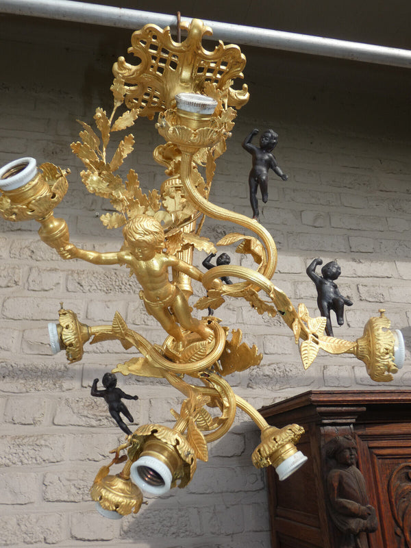 Stunning French Bronze brass 6 putti cherub angel chandelier lamp