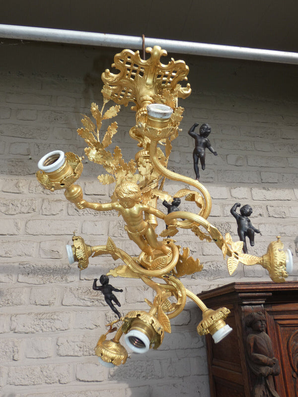 Stunning French Bronze brass 6 putti cherub angel chandelier lamp