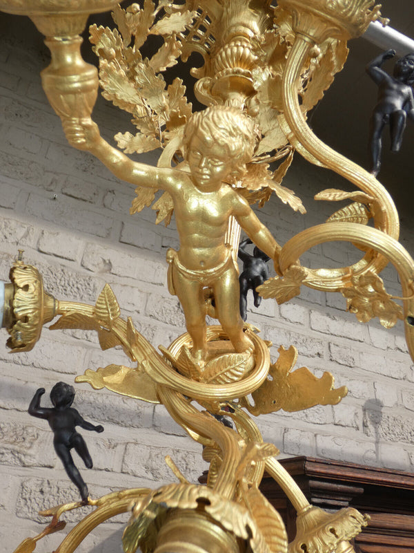 Stunning French Bronze brass 6 putti cherub angel chandelier lamp