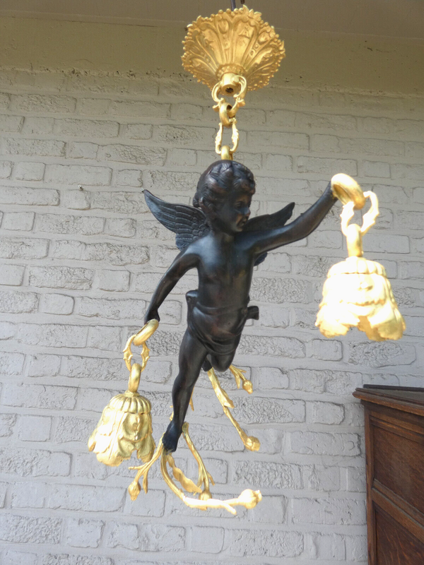 Stunning French Bronze putti cherub angel chandelier lamp