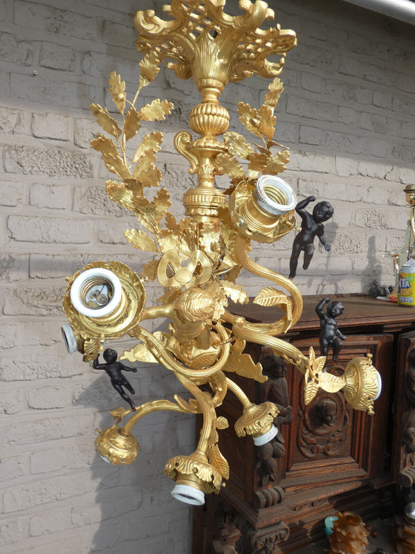 Stunning French Bronze brass 6 putti cherub angel chandelier lamp