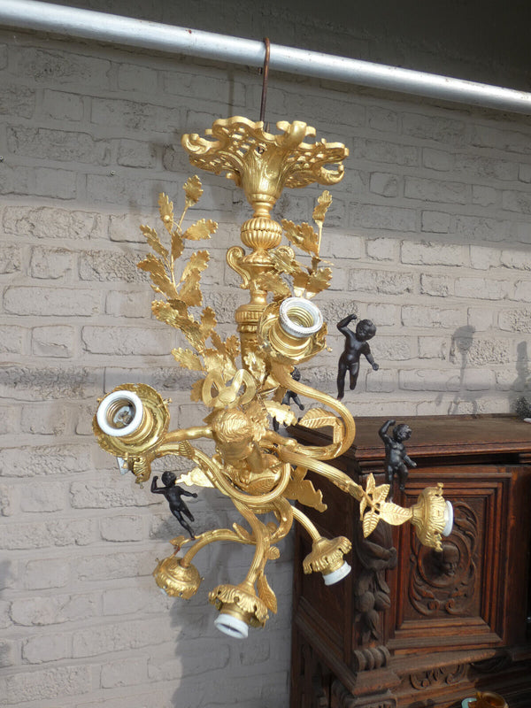 Stunning French Bronze brass 6 putti cherub angel chandelier lamp