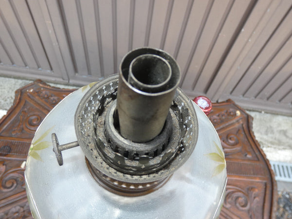 Antique French Spelter bronze lady figurine oil petrol lamp glass enamel flowers