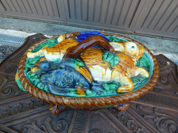 Antique LArge Majolica barbotine PAte Tureen hare duck relief rare