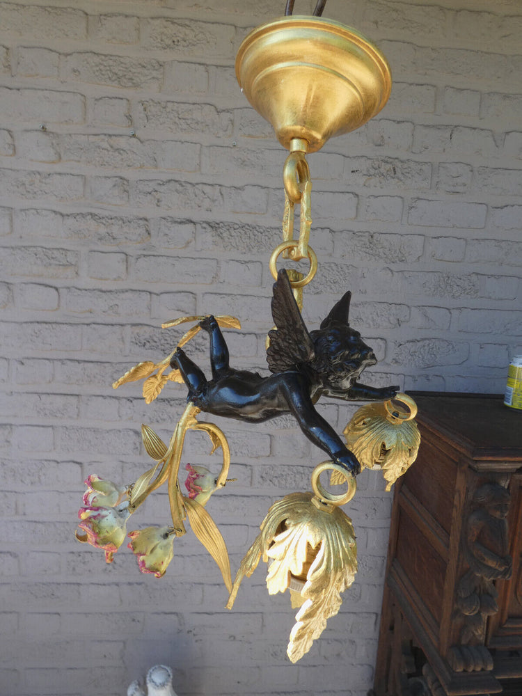 Vintage French bronze putti cherub porcelain flowers chandelier lamp rare