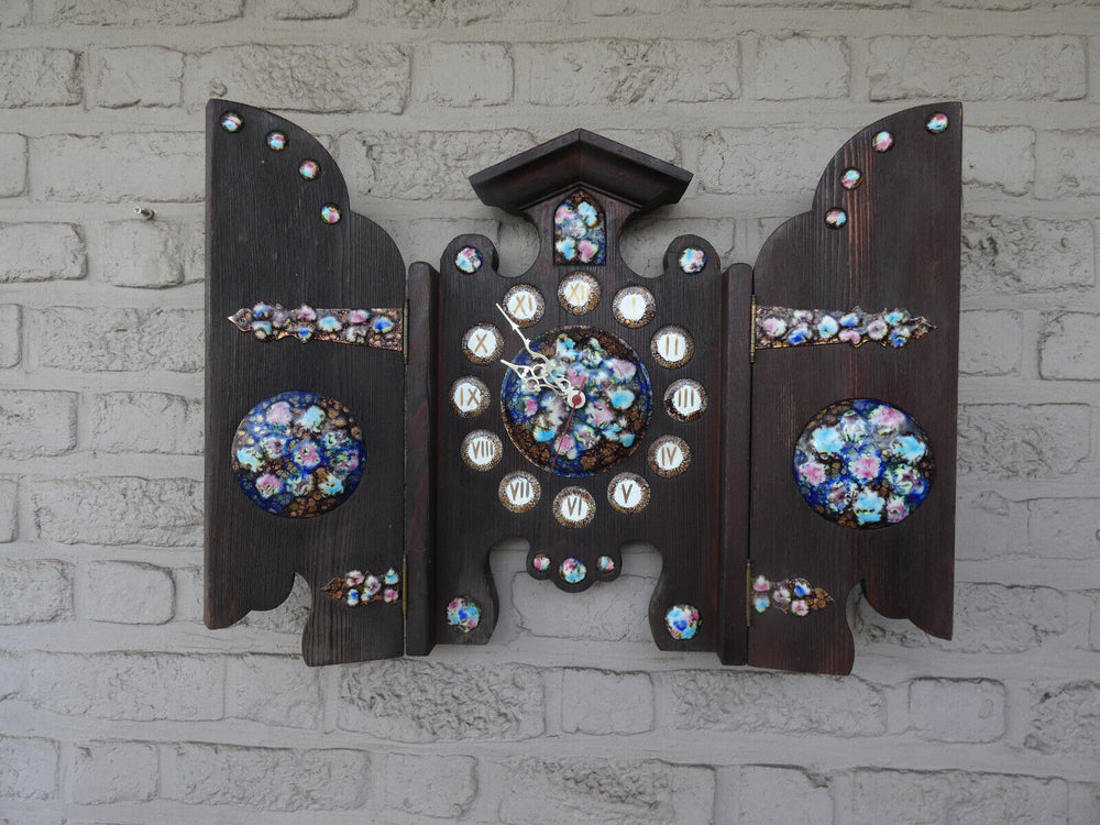 Vintage 1970s wood carved metal enamel Triptych Wall clock rare