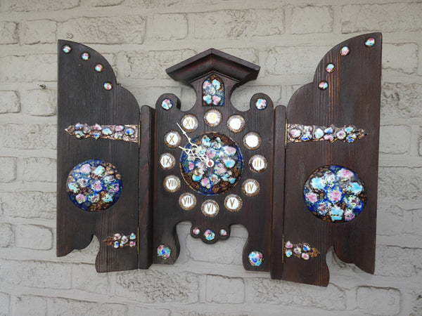 Vintage 1970s wood carved metal enamel Triptych Wall clock rare