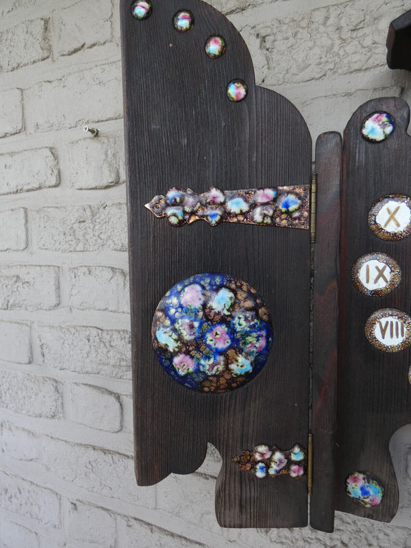 Vintage 1970s wood carved metal enamel Triptych Wall clock rare