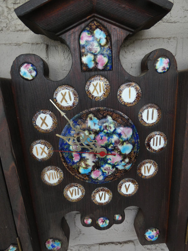 Vintage 1970s wood carved metal enamel Triptych Wall clock rare