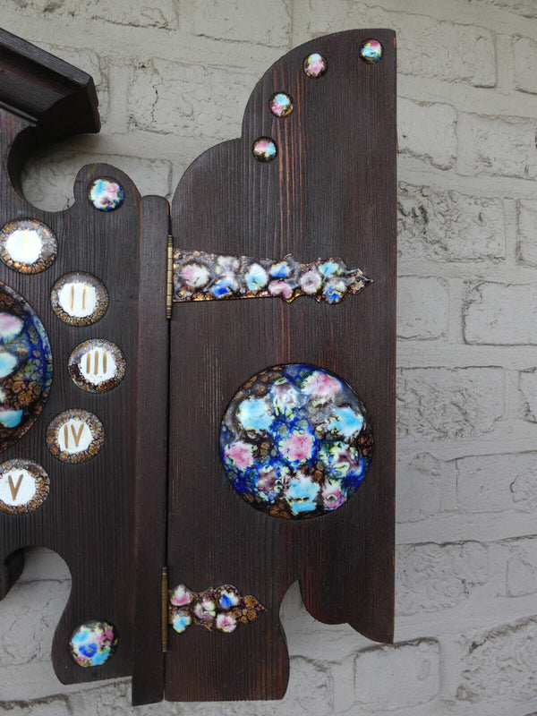 Vintage 1970s wood carved metal enamel Triptych Wall clock rare