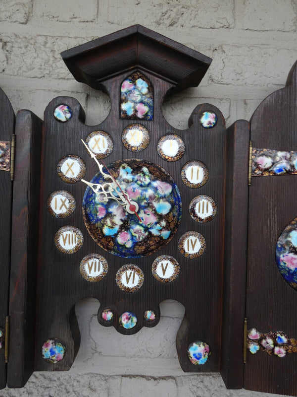 Vintage 1970s wood carved metal enamel Triptych Wall clock rare