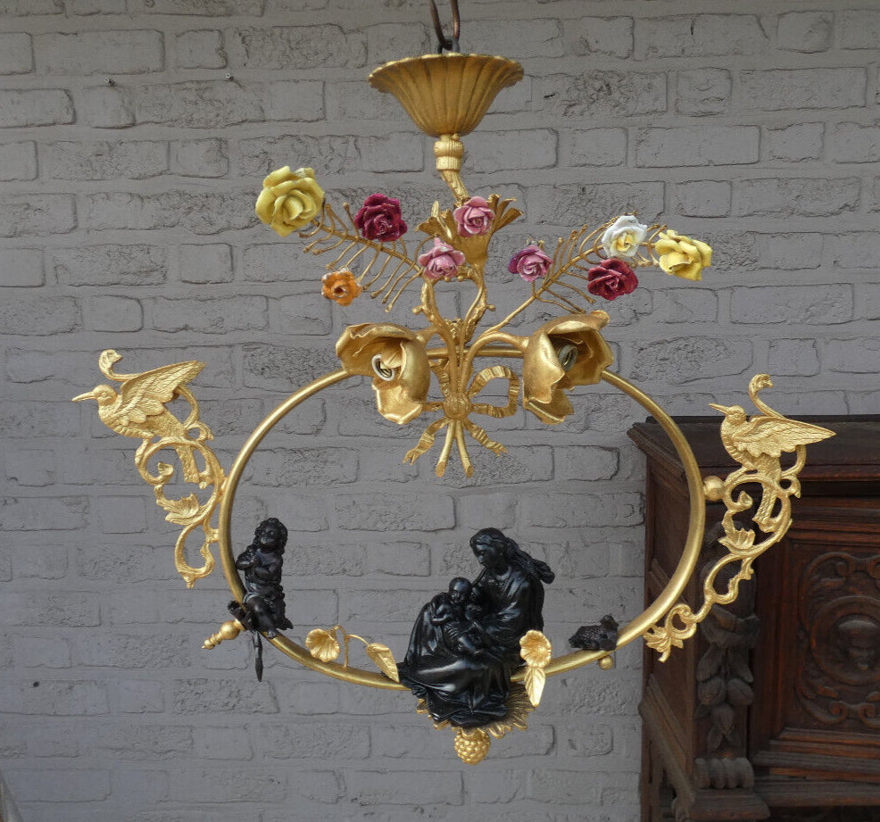 Vintage bronze porcelain flowers madonna saint john  Chandelier pendant lamp