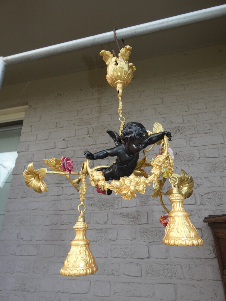 Vintage Bronze porcelain Putti angel chandelier lamp rare