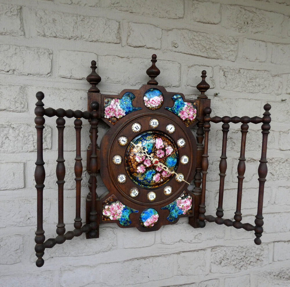Vintage 1970 Triptych wood carved wall clock metal enemal floral decoration