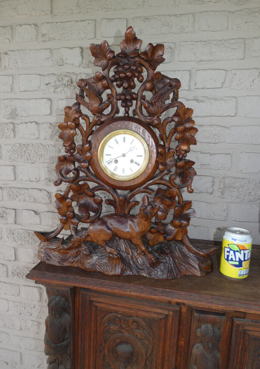 Antique 19th XL black forest wood carved hunting clock fox birds