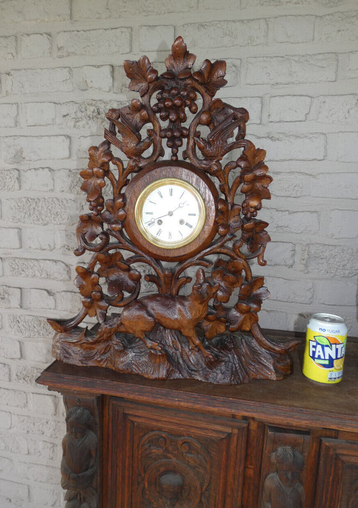 Antique 19th XL black forest wood carved hunting clock fox birds